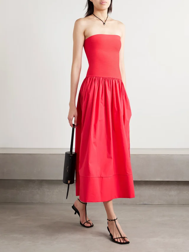 CARA CARA Glasbury strapless ribbed-knit and gathered cotton-poplin midi dress in Red, photo 2 of 2 from NET-A-PORTER (Canada)