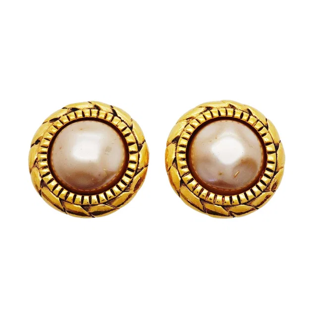 Chanel Earrings Vintage Round Circle Gold Plated Faux Pearl in Gold from The Reluxe