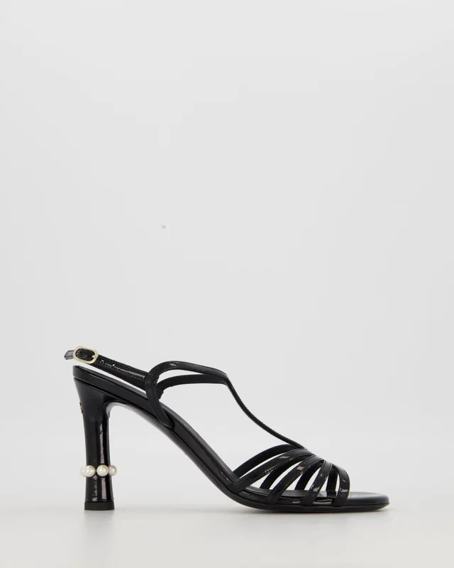 Chanel Black Patent Open Toe Heels Shoes With Pearls Details Size EU 37.5 in Black Patent leather from Sellier