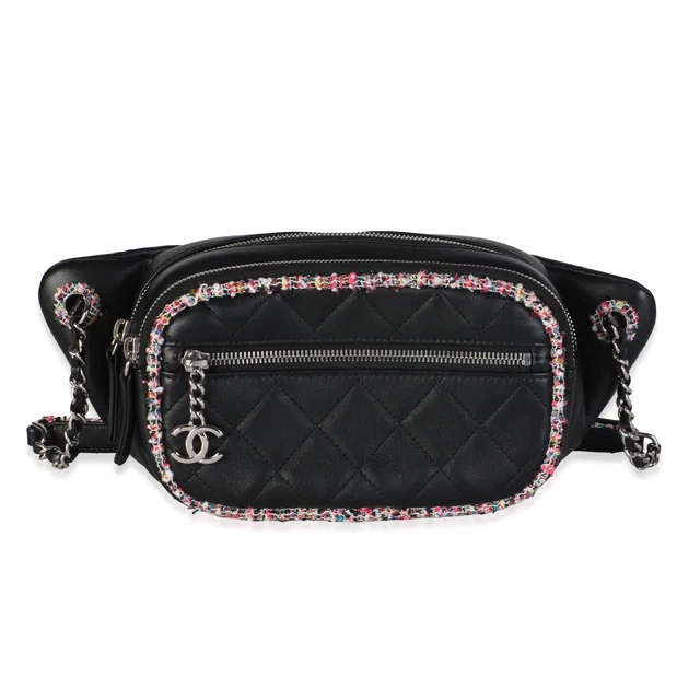 Chanel Black Quilted Lambskin Pink Tweed CC Waist Bag in Black Lambskin from myGemma