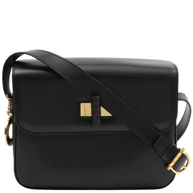 Celine Leather Shoulder Bag Black in Black Leather from VINTAGE QOO TOKYO