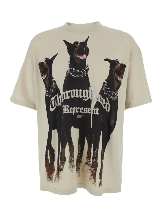 T-Shirt 'Thoroughbred' with Doberman Graphic Print and Lettering Logo on the Front in Beige Cotton for Men in Beige, image 1 of 1 from Gaudenzi Boutique
