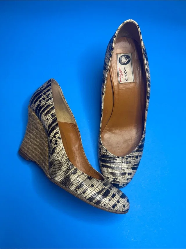 Lanvin And Cream Patterned Wedge Pumps in black Woven leather from Poshmark