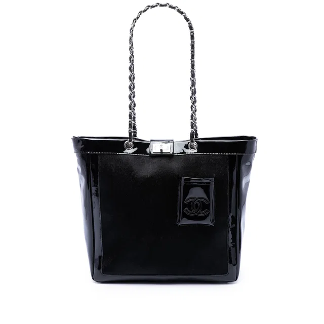 Black Chanel Pony Hair and Patent Mademoiselle Turnlock Tote in Black Patent leather from Designer Revival