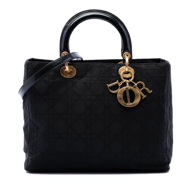 Black Dior Large Nylon Cannage Lady Dior Satchel in Black Nylon from Designer Revival