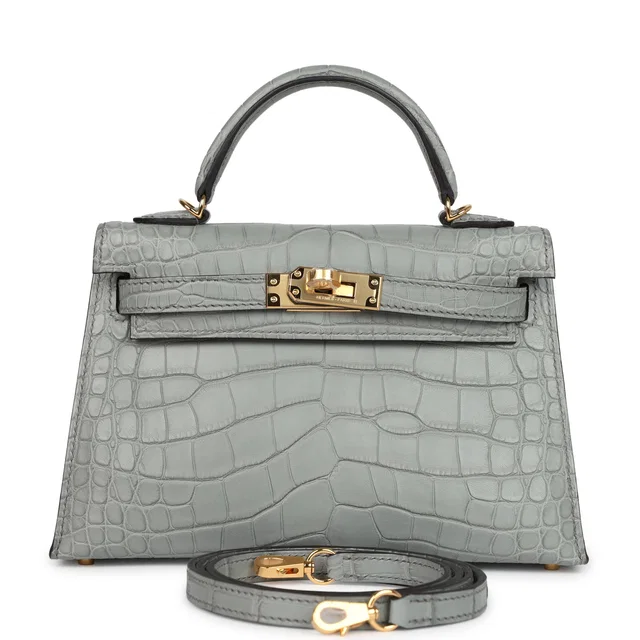 Hermès Kelly Sellier 20 Gris Ciment Matte Alligator Gold Hardware in Grey Crocodile from Madison Avenue Couture
