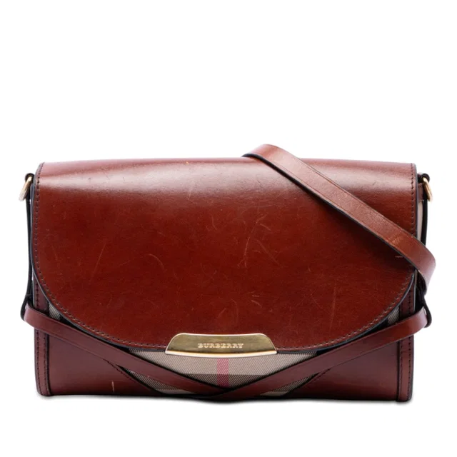 Brown Burberry Leather and House Check Canvas Bridle Abbott Crossbody in Brown Canvas from Designer Revival