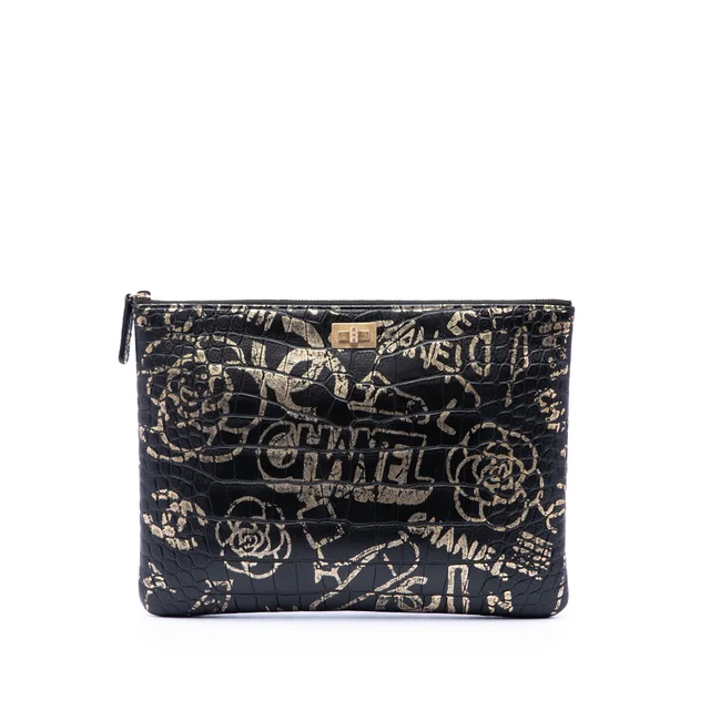 Black Chanel Crocodile Embossed Calfskin Cocodile Graffiti 2.55 Reissue Clutch in Black Calfskin from Designer Revival