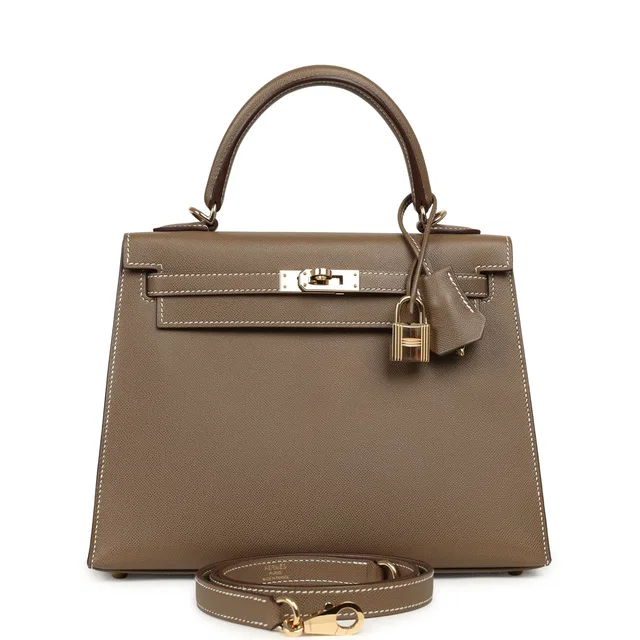 Hermès Kelly Sellier 25 Etoupe Verso Madame Permabrass Hardware in Taupe Goatskin from Madison Avenue Couture
