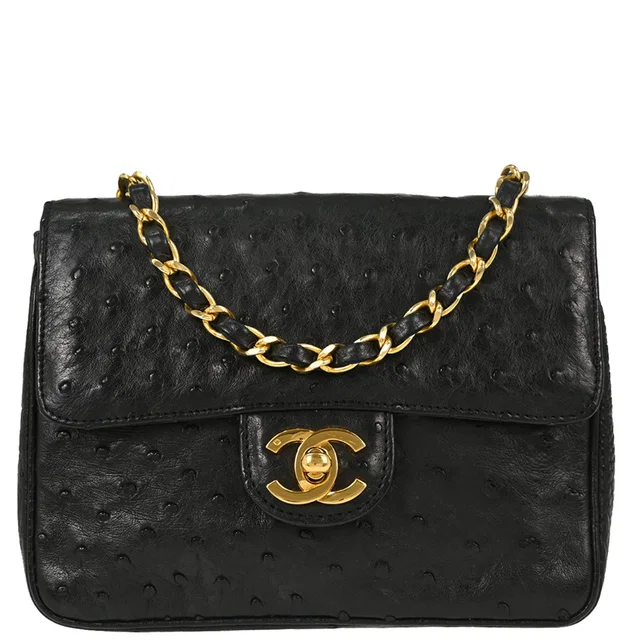 Chanel Black Ostrich Mini Classic Square Flap Shoulder Bag in Black Ostrich from AMORE Vintage Tokyo
