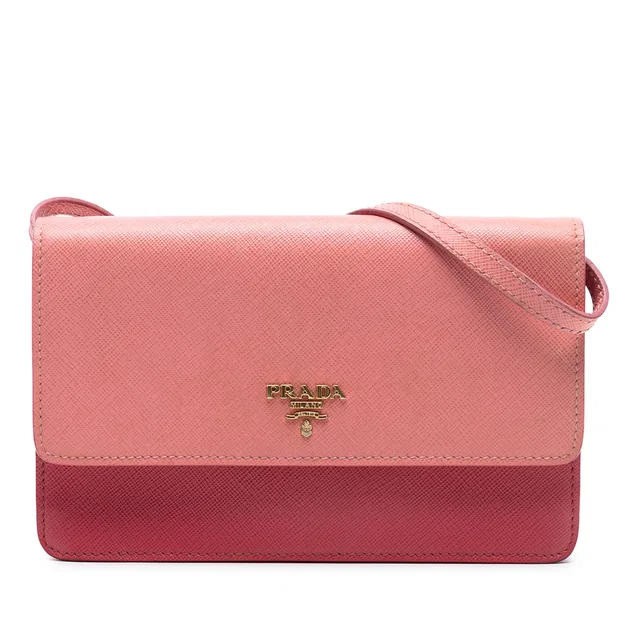 Pink Prada Bicolor Saffiano Lux Wallet On Strap Crossbody Bag in Pink Saffiano leather from Designer Revival