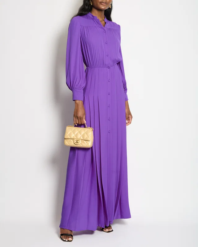 Valentino Garavani Purple Long Sleeve Pleated Silk Gown IT 38 (UK 6) in Purple Silk from Sellier