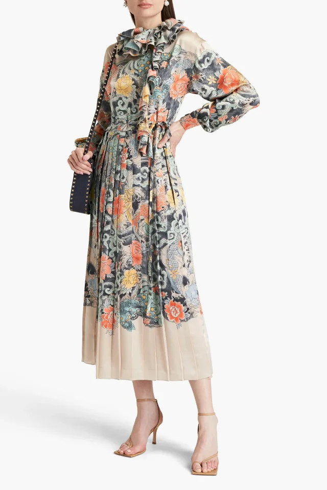 Valentino Garavani Ruffled Printed Silk-Satin Midi Dress in Multicolor, photo 2 of 4 from THE OUTNET