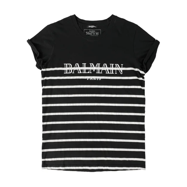 Balmain Men's Black & White Stripe Logo T-Shirt in Black & White Cotton from Designer Archives