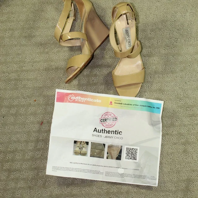 Jimmy Choo Fearne Women's Size 37.5 Cross Strap Beige Patent Leather Wedge Heel in yellow Patent leather from Poshmark