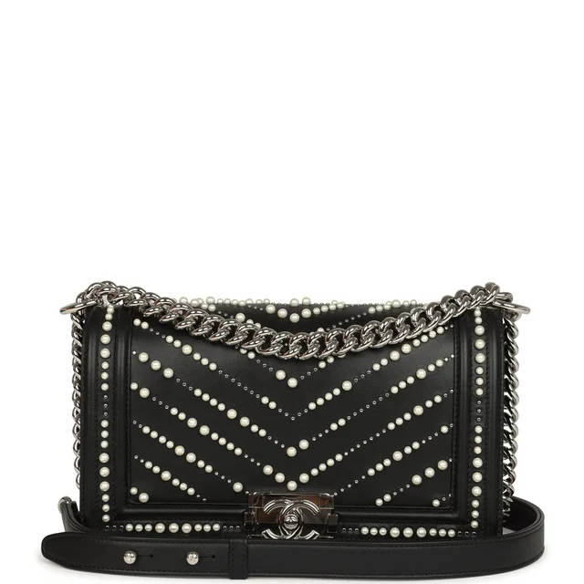 Chanel Medium Boy Bag Black Pearl Chevron Calfskin Silver Hardware in Black Calfskin from Madison Avenue Couture