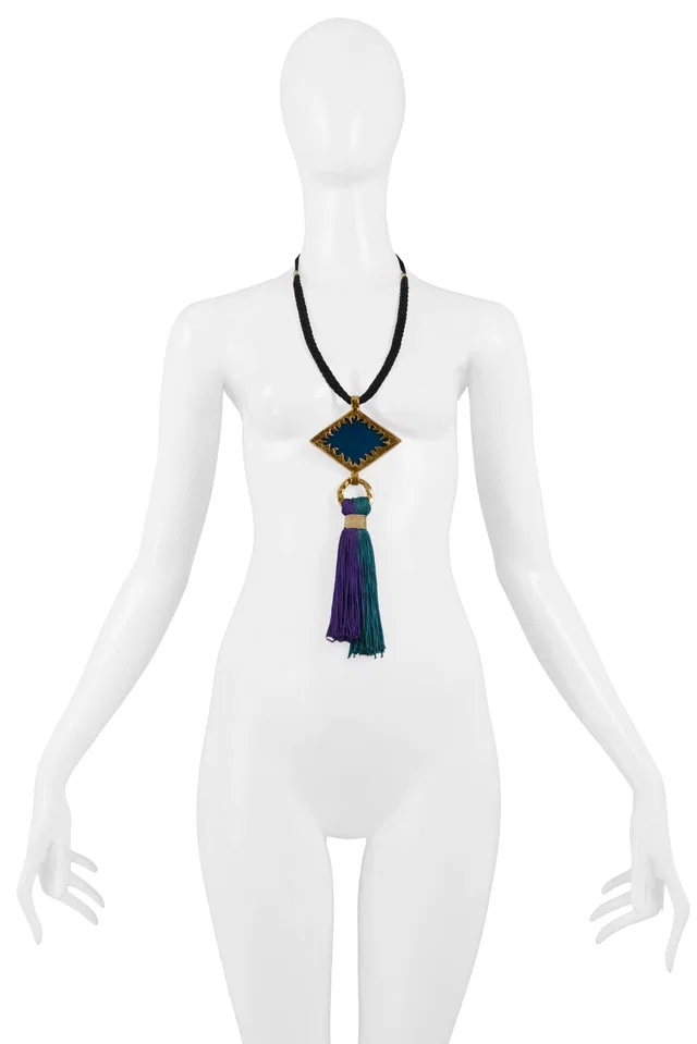 Saint Laurent Blue & Green Tassel Necklace in Blue Silk from Resurrection Vintage