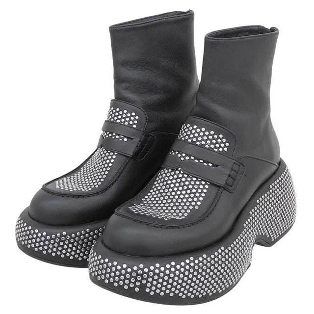 Loewe Leather Silver Studded Back Zip Thick Sole Ankle Boots Black in Black Leather from The Reluxe