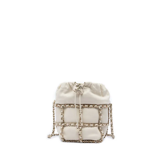 White Chanel Mini Lambskin CC Chain Frame Drawstring Bucket Bag in White Lambskin from Designer Revival, photo 1 of 1