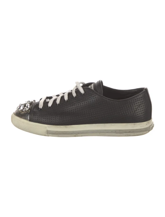 Miu Miu Leather Crystal Embellishments Sneakers in black Leather from The RealReal