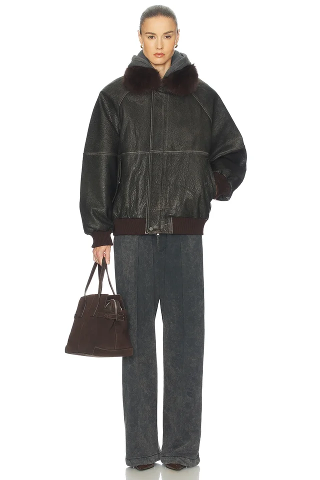 Helsa The Oversized Leather Bomber With Faux Fur Collar in Black, photo 4 of 4 from REVOLVE (Canada)