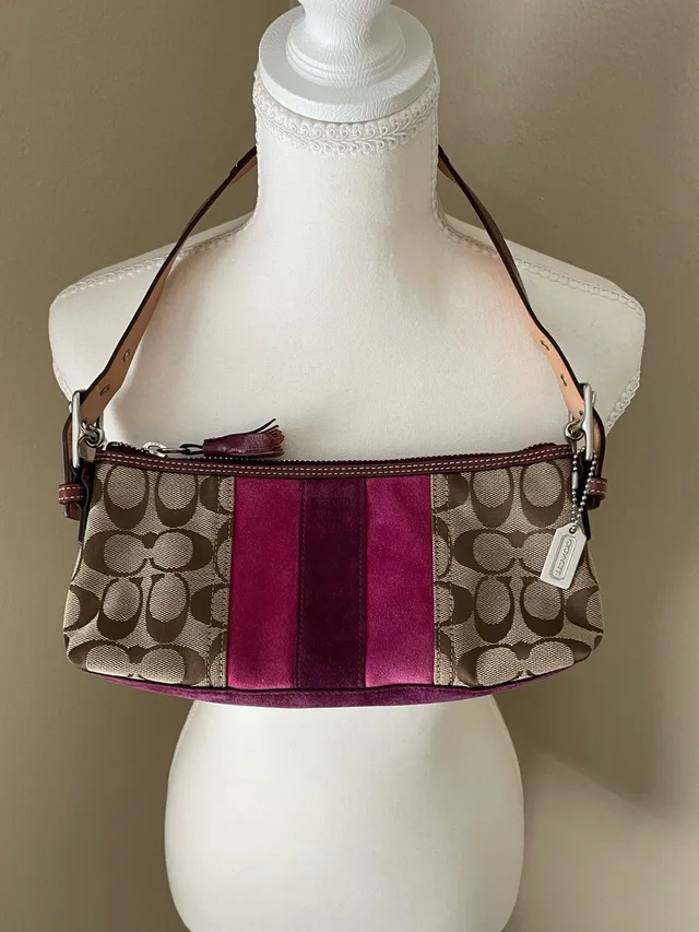 Coach Vintage 7039 Signature Stripe Suede Demi Baguette Shoulder Bag in pink|silver|brown|gray|red Suede from Poshmark