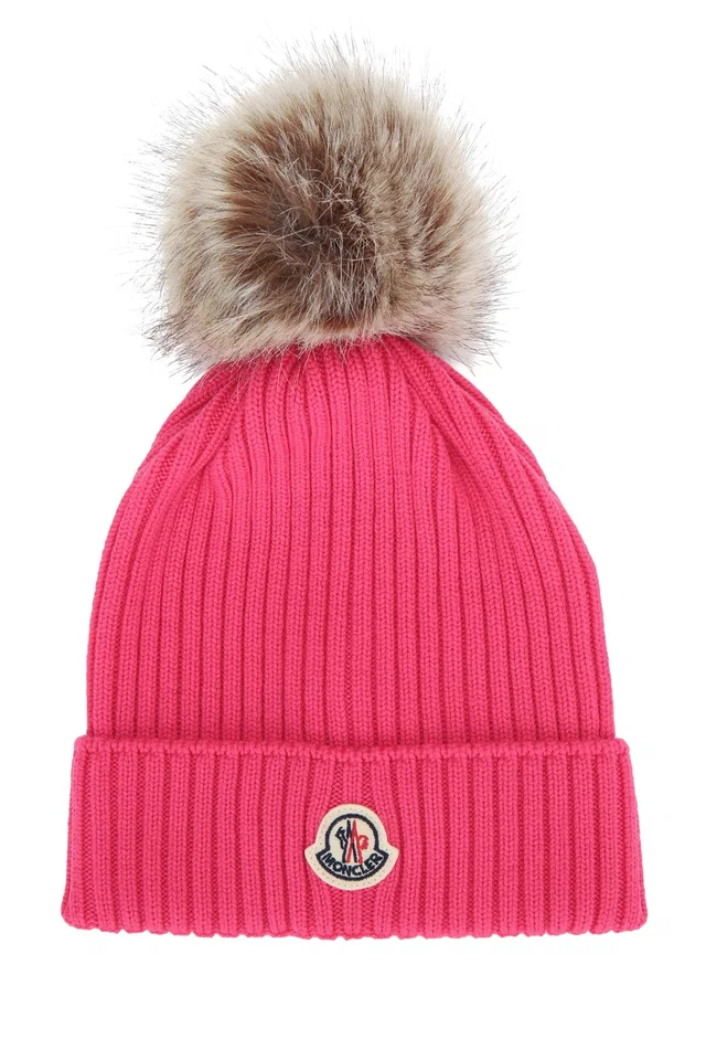 Moncler Hat Fur-Pom Cotton Beanie — Pink Beanies in Pink from HEWI