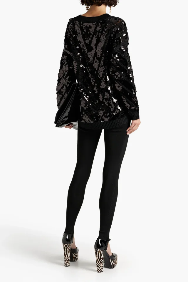 Valentino Garavani Sequined Pointelle-Knit Virgin Wool Sweater in Black, photo 3 of 4 from THE OUTNET
