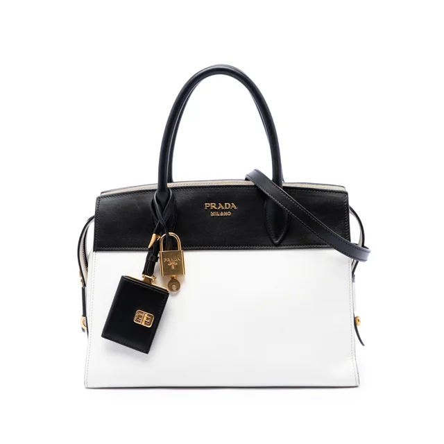 Black Prada Bicolor Saffiano and City Calf Esplanade Satchel in Black Saffiano leather from Designer Revival