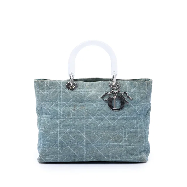 Blue Dior Large Denim Cannage Acrylic Handles Lady Dior Satchel in Blue Denim from Designer Revival