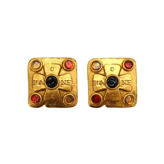 Chanel Vintage Earrings Gripoix Cocomark Logo Color Stone Square Gold Accessory 99A in Gold from Luxury Promise
