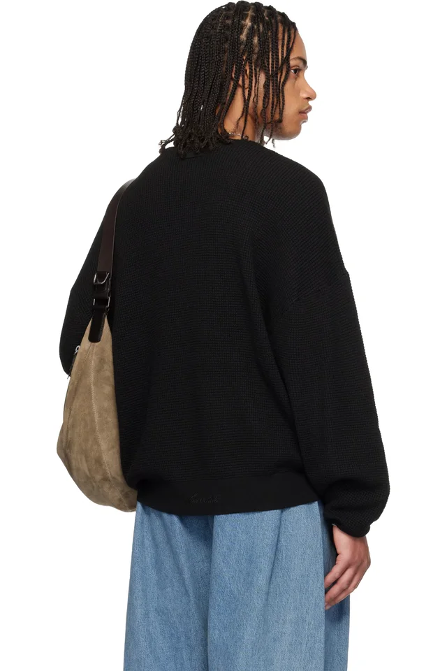 Fear of God ESSENTIALS Black Signature Waffle 90s Crewneck Sweater, photo 3 of 4 from SSENSE