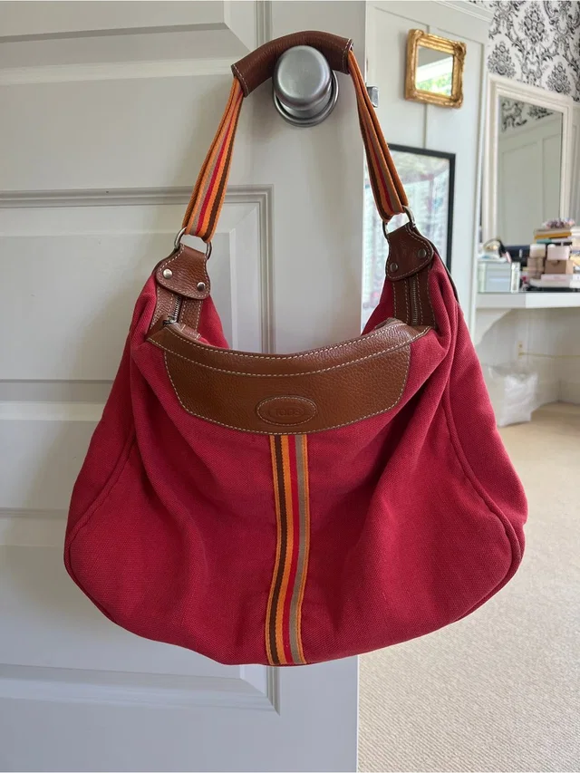 Tod's Vintage Y2k Red Coral Canvas Shoulder Bag With Tan Trim And Striped Strap in neutral|red|brown Canvas from Poshmark