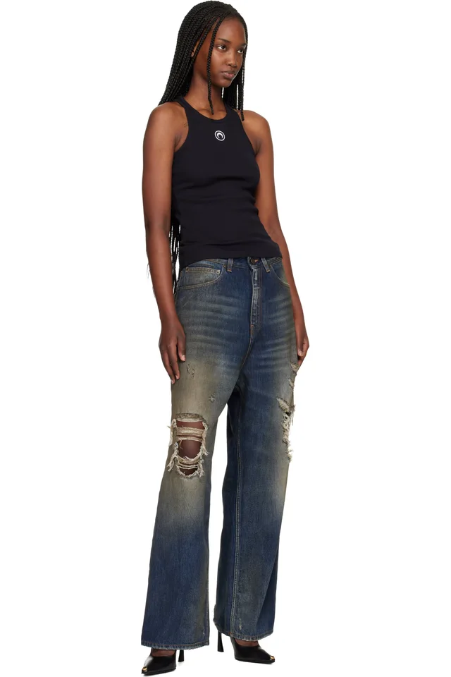 Marine Serre Black Moon Logo Ribbed Jersey Tank Top, photo 4 of 4 from SSENSE