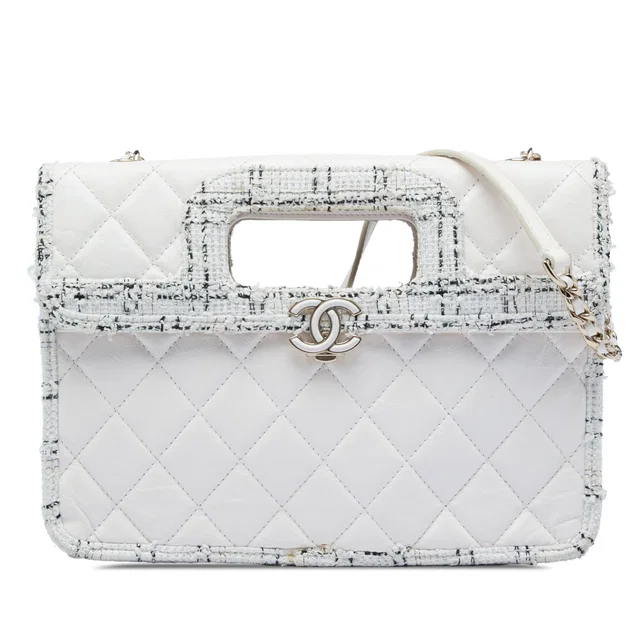 White Chanel CC Tweed Trimmed Quilted Aged Calfskin Cutout Handle Bag Satchel in White Calfskin from Designer Revival
