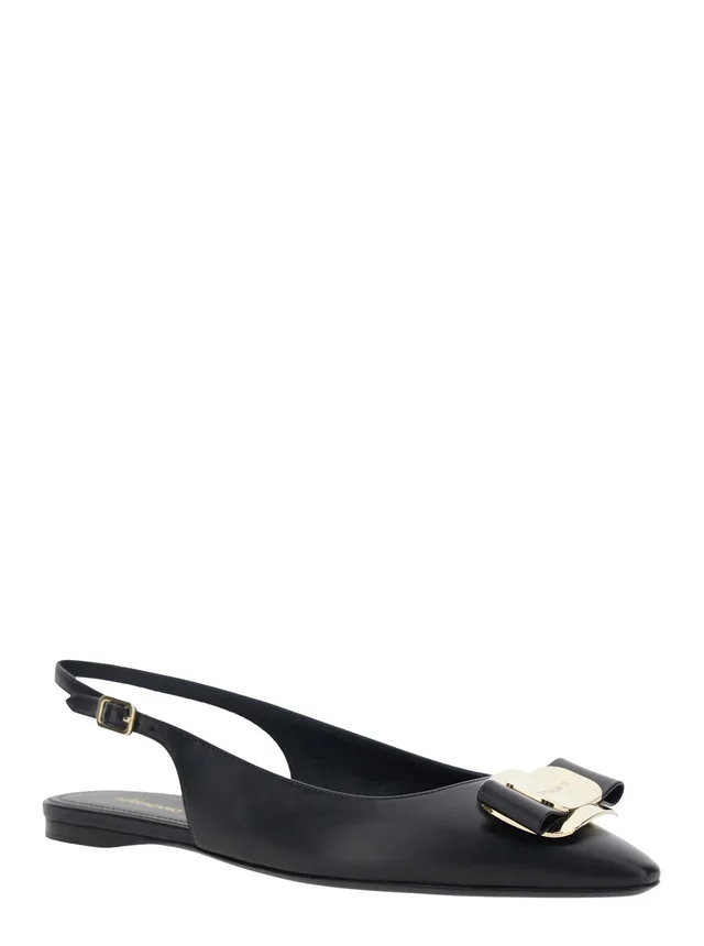 FERRAGAMO 'Zelmi' Black Slingback Ballet Shoes with Logo Plate on the Front in Leather Woman in Black 100% Lamb, photo 4 of 8 from Gaudenzi Boutique