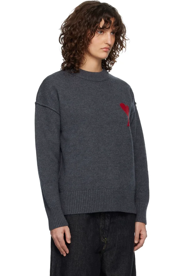 AMI Paris Gray Wool Crewneck Ami de Coeur Sweater, photo 2 of 4 from SSENSE