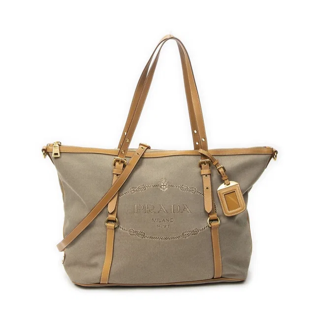 Prada Jacquard Shopping Tote Bag Beige Tanjaca Canvas in Beige Canvas from The Reluxe
