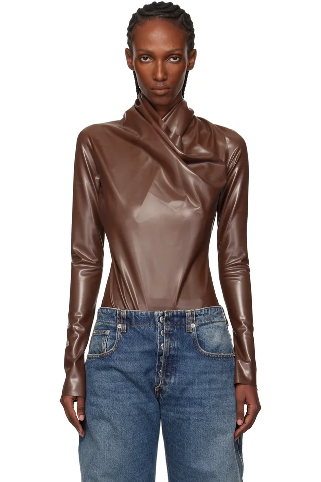 Mugler Brown Latex Scarf Bodysuit, image 1 of 1 from SSENSE
