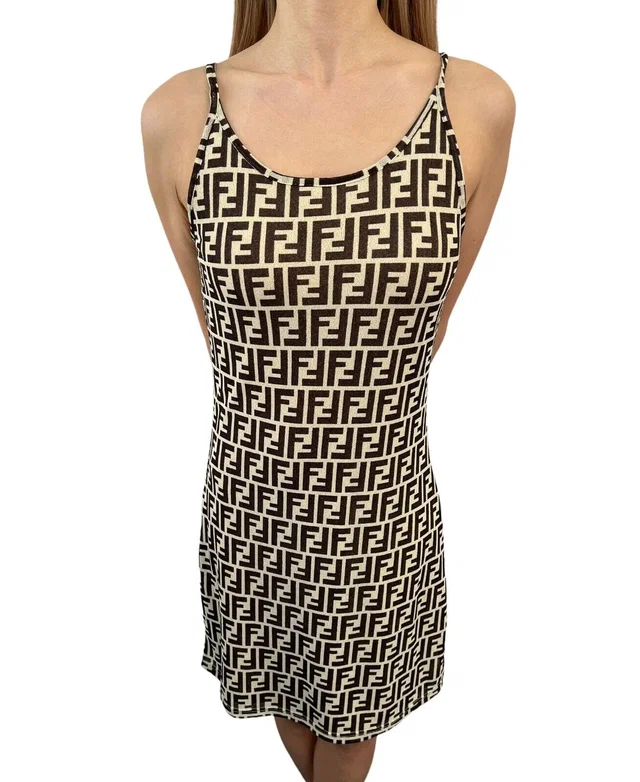 Fendi Vintage Zucca Monogram Dress #40 One-piece Beige Black Polyester RankAB in Black from Luxury Promise