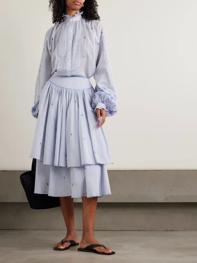 THIERRY COLSON Constance gathered tiered embroidered cotton-voile midi skirt in Blue, photo 2 of 2 from NET-A-PORTER (Canada)
