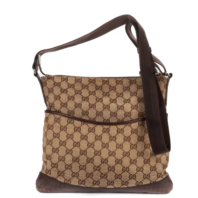 Gucci Vintage Flap Bag Messenger Beige Dark Brown GG Canvas in Brown Canvas from The Reluxe