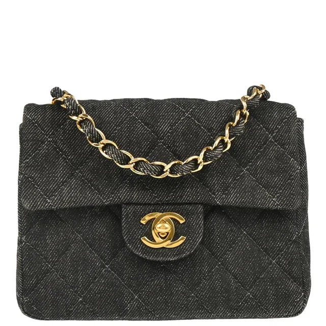 Chanel 1997-1999 Black Denim Mini Classic Square Flap Bag 17 in Black Denim from AMORE Vintage Tokyo