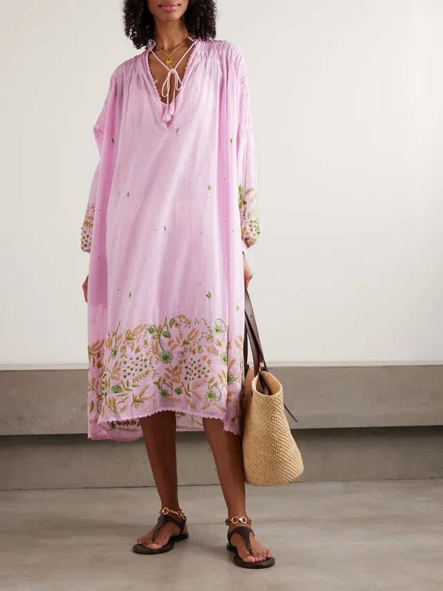 THIERRY COLSON Guise tasseled pintucked embroidered cotton-voile midi dress in Pink, photo 2 of 2 from NET-A-PORTER (Canada)