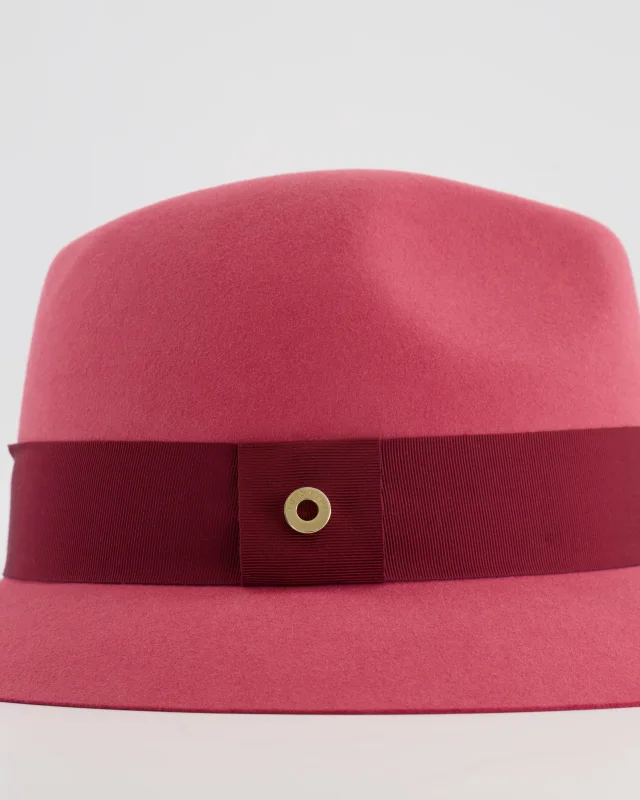 Loro Piana Hot Pink Baby Cashfelt Hat with Burgundy Ribbon and Champagne Gold Logo Detail Size S in Burgundy Cashmere from Sellier, photo 2 of 10