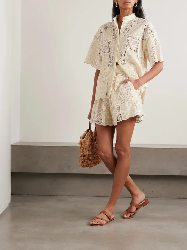 ZIMMERMANN Wanderlust crocheted embroidered cotton-blend shorts in Beige, photo 2 of 2 from NET-A-PORTER (Canada)