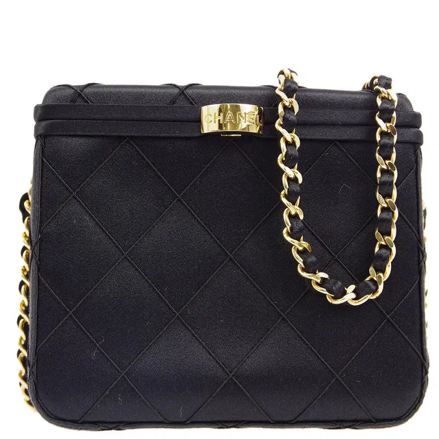 Chanel 1997-1999 Black Satin Box Vanity Shoulder Bag in Black Satin from AMORE Vintage Tokyo
