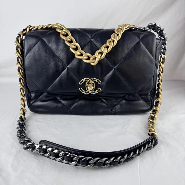 Chanel 19 Large Black Bag in Black Lambskin, Metal from Reowned
