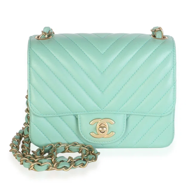 Chanel Light Green Chevron Lambskin Mini Square Flap Bag in Green Lambskin from myGemma