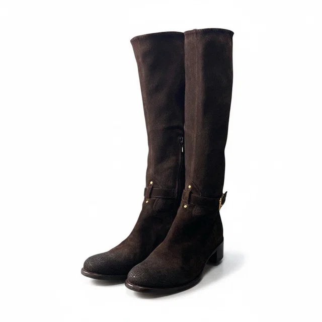 Prada 2 D Leather Boots Embroidery with Suede Long Buckle Design Brown in Brown Suede from The Reluxe